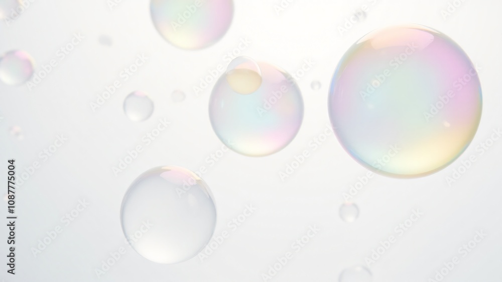 Close-up of colorful, translucent soap bubbles with iridescent reflections floating against a bright white background. Perfect for themes of purity, playfulness, and lightness. Ideal for creative, abs Close-up of colorful, translucent soap bubbles with iridescent reflections floating against a bright white background. Perfect for themes of purity, playfulness, and lightness. Ideal for creative, abs