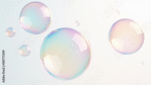 Close-up of colorful, translucent soap bubbles with iridescent reflections floating against a bright white background. Perfect for themes of purity, playfulness, and lightness. Ideal for creative, abs