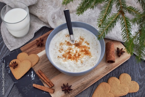 Rice porridge with milk and cinnamon - traditional Swedish food for Christmas	 photo