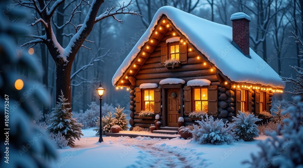 Cozy cabin in the snow with glowing lights and warm holiday decorations on a winter night Cozy cabin in the snow with glowing lights and warm holiday decorations on a winter night