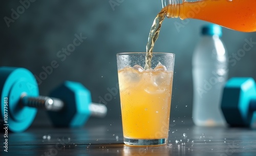 refreshing isotonic drink being poured into a clear glass, with condensation on the outside, emphasizing the theme of hydration and fitness. photo