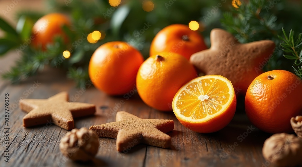 Fresh oranges and star-shaped cookies arranged on a wooden table with festive greenery and lights evoke a cozy, holiday atmosphere Fresh oranges and star-shaped cookies arranged on a wooden table with festive greenery and lights evoke a cozy, holiday atmosphere