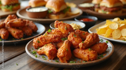 Game day snacks, variety of appetizers on a wooden table, close-up of chicken wings, nachos, sliders, chips, and dips, top-down view, casual party setup, bright natural lighting, colorful