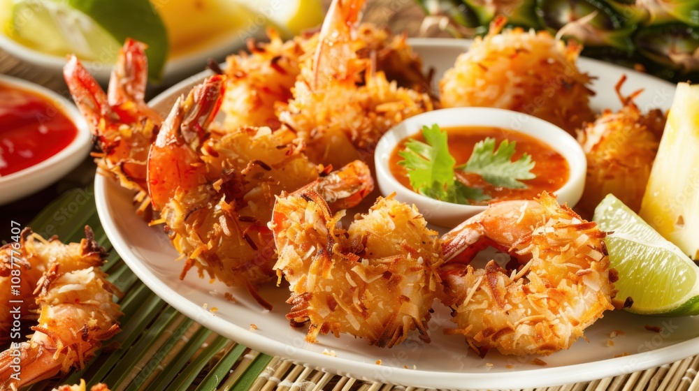 © ArpPSIqee - A plate of crispy coconut shrimp with golden-brown coconut flakes, served with sweet chili sauce for dipping