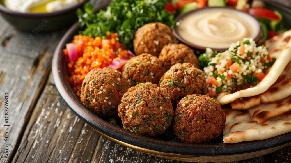 A plate of crispy falafel balls served with hummus, tabbouleh A plate of crispy falafel balls served with hummus, tabbouleh