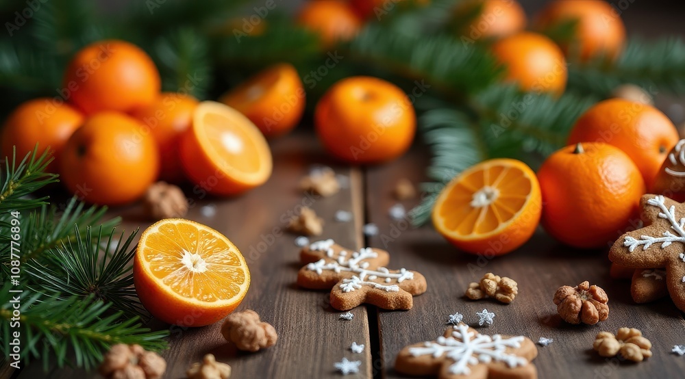 Fresh tangerines and festive gingerbread cookies with pine branches and walnuts on a wooden table create a cozy holiday atmosphere Fresh tangerines and festive gingerbread cookies with pine branches and walnuts on a wooden table create a cozy holiday atmosphere