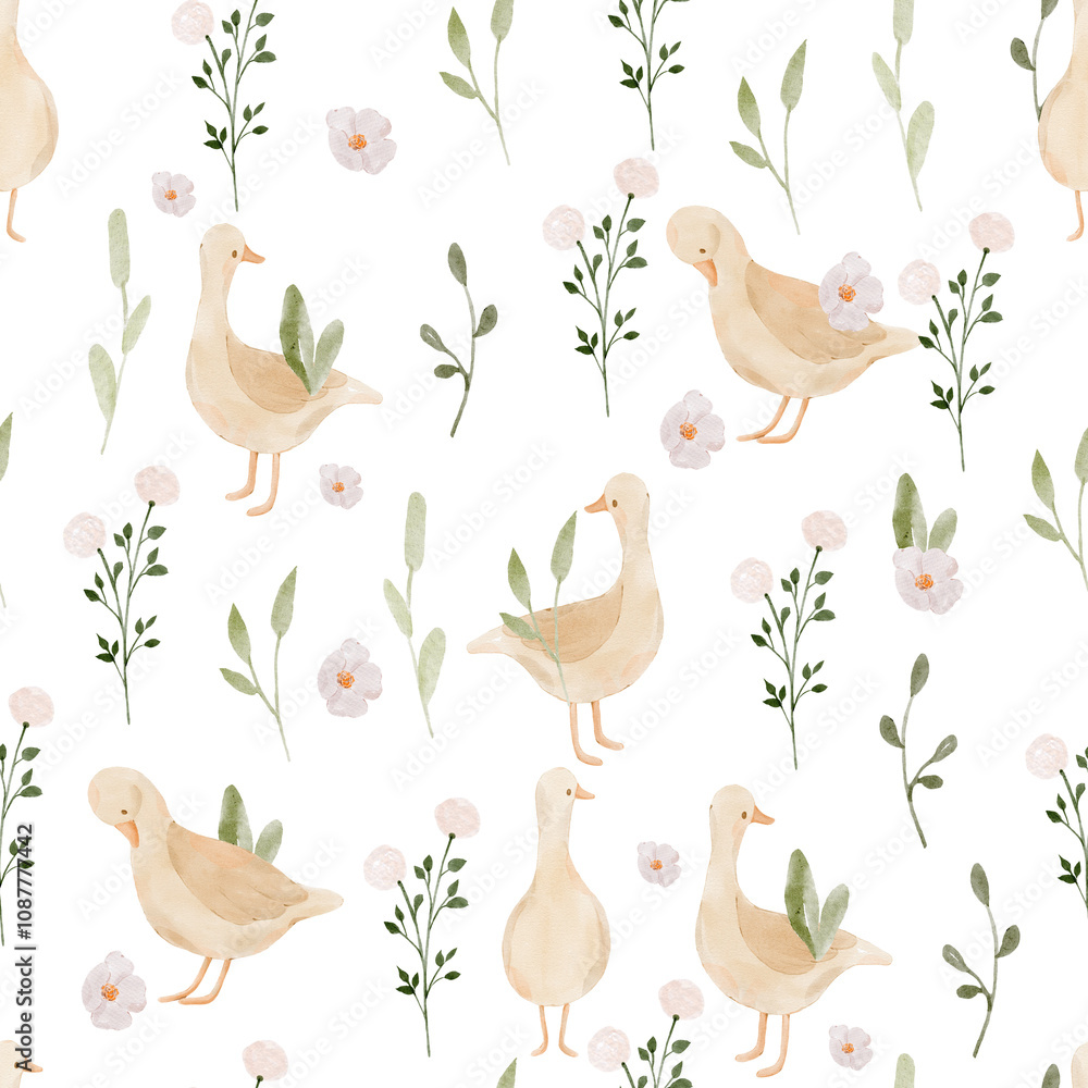 Obraz premium Watercolor seamless pattern with cute geese and wildflowers. Hand-drawn kids pattern with white goose.