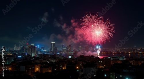 Vibrant red fireworks lighting up a night city skyline during new year celebrations