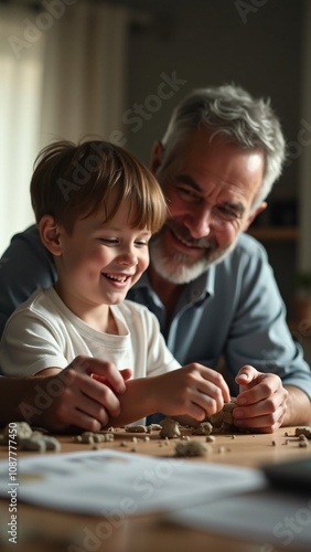 A cheerful grandfather bonding with his young grandson while assembling a model at a wooden table in a cozy living room. Captures themes of family connection, intergenerational relationships, and qual photo