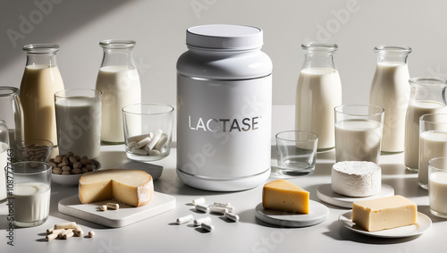 Lactase tablets in a jar, various cheeses, milk, dairy products