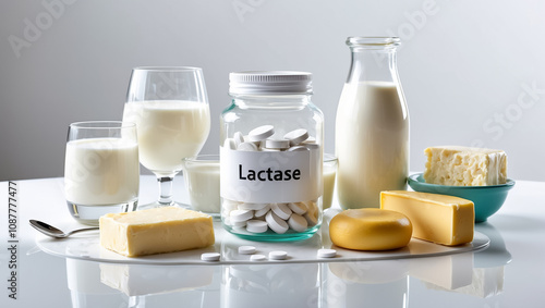 Lactase tablets in a jar, various cheeses, milk, dairy products