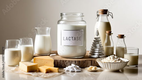 Lactase tablets in a jar, various cheeses, milk, dairy products