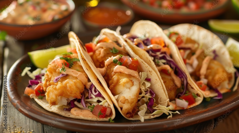 A plate of crispy fish tacos with battered fish fillets, shredded cabbage A plate of crispy fish tacos with battered fish fillets, shredded cabbage