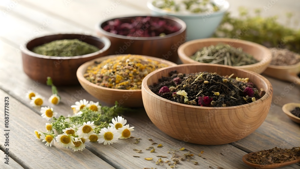 Assortment of dry tea in wooden bowls, medicinal herbs and chamomile, healthy herbal tea Assortment of dry tea in wooden bowls, medicinal herbs and chamomile, healthy herbal tea