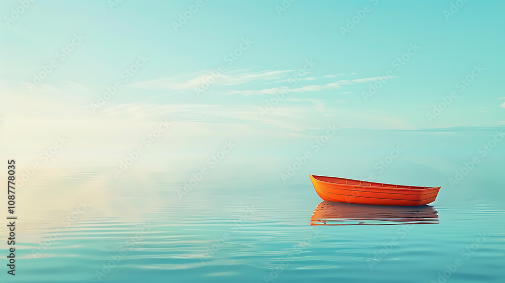 a vibrant orange wooden boat gently floating on calm waters, reflecting beautifully on the surface. The tranquil scene is bathed in soft light a vibrant orange wooden boat gently floating on calm waters, reflecting beautifully on the surface. The tranquil scene is bathed in soft light