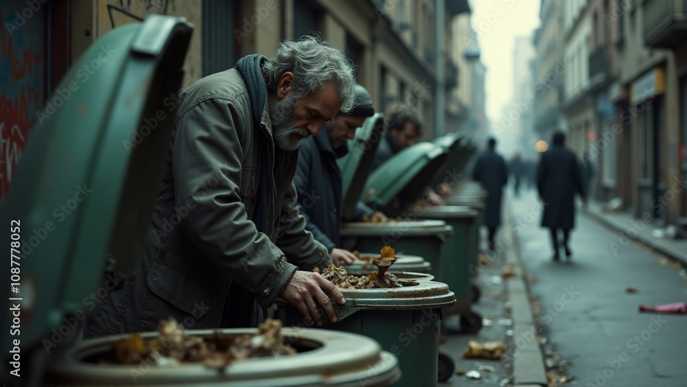 A solemn elderly man digging through a trash bin on a desolate city street, accompanied by others in similar situations. The atmosphere captures urban poverty and social struggle, highlighting themes A solemn elderly man digging through a trash bin on a desolate city street, accompanied by others in similar situations. The atmosphere captures urban poverty and social struggle, highlighting themes