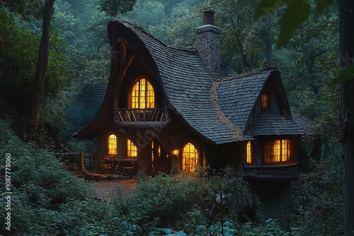 Mystical woodland dwelling with glowing windows at twilight. photo