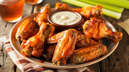 A plate of crispy fried chicken wings with a side of dipping sauce, arranged on a checkered picnic cloth