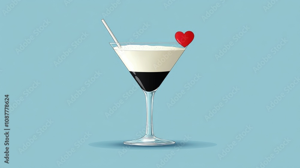 Elegant Martini Glass with Chocolate Layered Cocktail Garnished with Red Heart on Blue Background Elegant Martini Glass with Chocolate Layered Cocktail Garnished with Red Heart on Blue Background