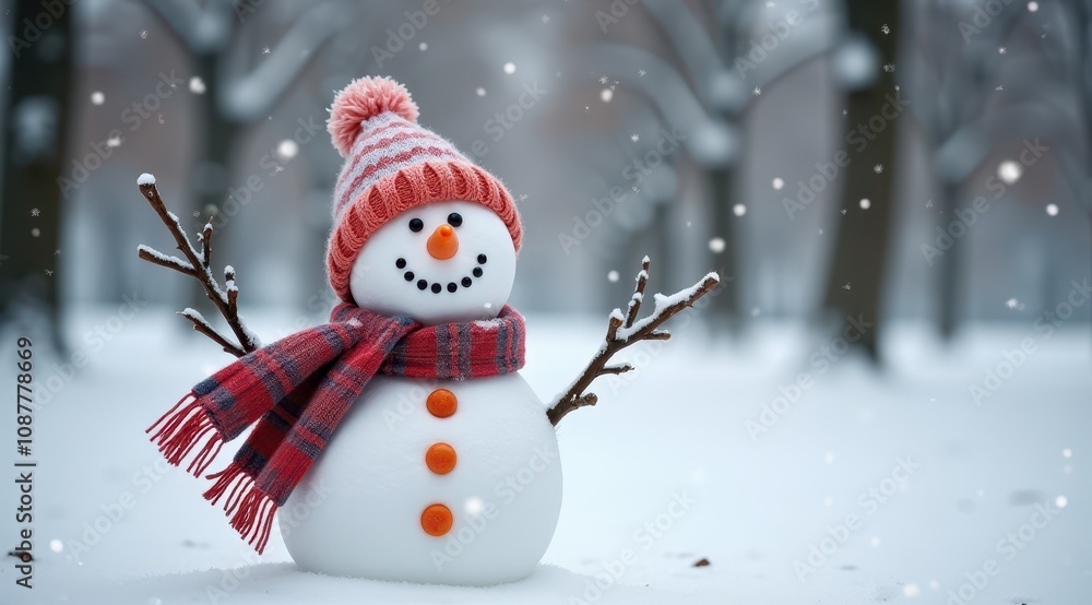 Fototapeta premium A cheerful snowman with a scarf and hat, surrounded by a snowy landscape in a winter park