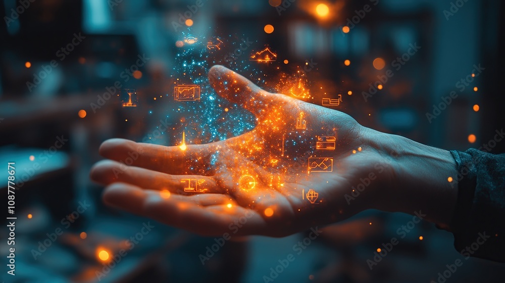 A hand emanating glowing digital icons, symbolizing technology and innovation. A hand emanating glowing digital icons, symbolizing technology and innovation.