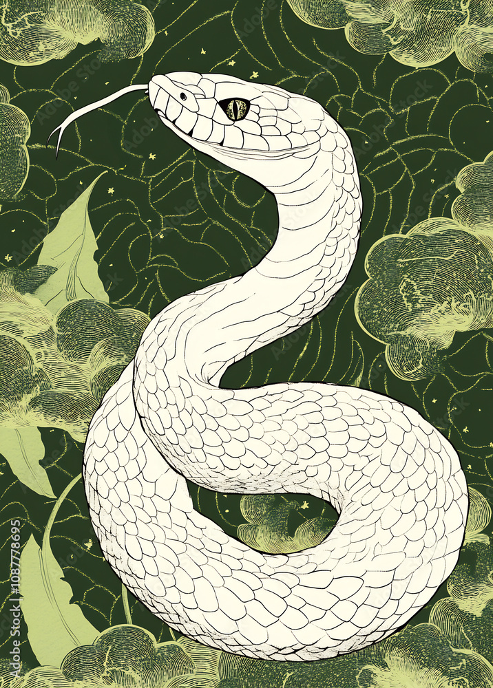 Fototapeta premium White snake on green bg