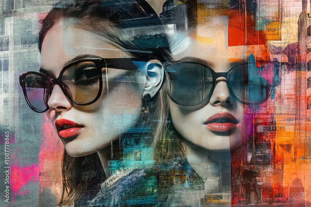 Stylish Woman in Sunglasses Against Abstract Urban Background