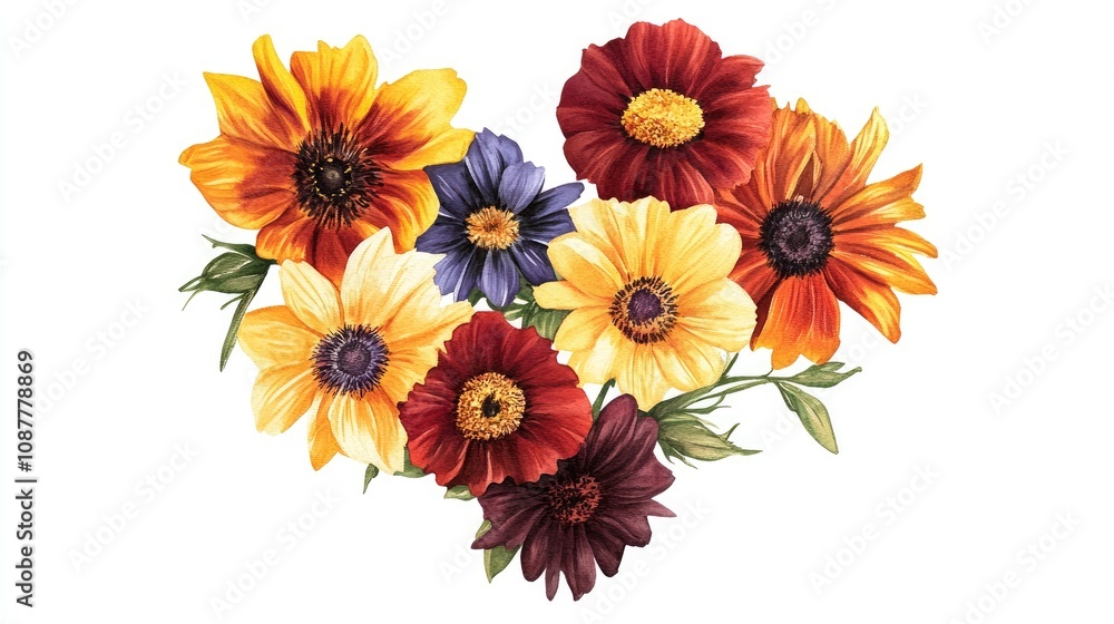 Naklejka premium Vibrant Heart Shaped Floral Arrangement with Multicolored Blooms