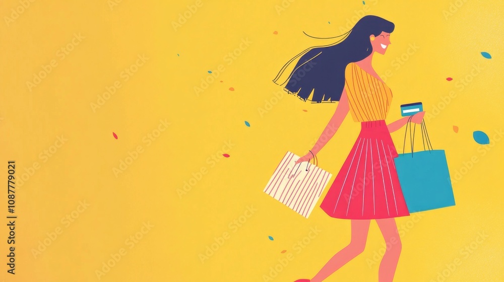 Young woman with shopping bags riding trolley Young woman with shopping bags riding trolley
