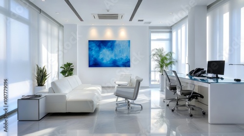 Modern White Office Interior With Blue Artwork