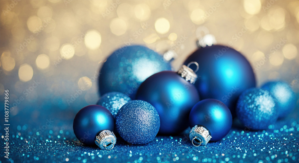 Blue Christmas balls with glittering ornaments on sparkling background, wide angle Blue Christmas balls with glittering ornaments on sparkling background, wide angle
