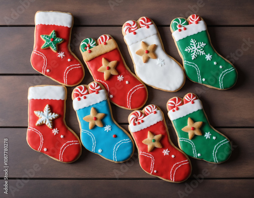 Christmas cookies in the shape of a Christmas sock, handmade cookie dough with food coloring to give it touches of Christmas color photo