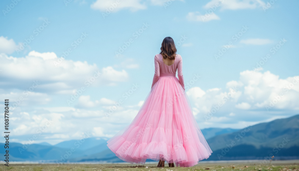 Obraz premium Serene Scene of Woman in Pink Gown with Graceful Posture in Picturesque Field with Clear Blue Sky and Mountain Silhouettes
