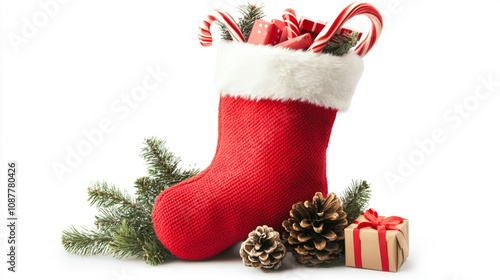 A Christmas stocking filled with candy canes, small gifts, and pinecones