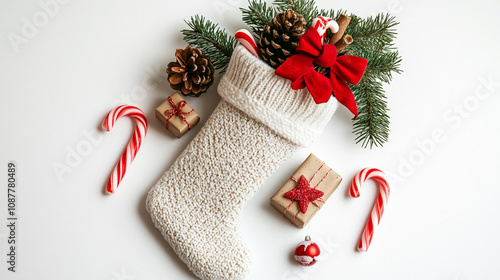 A Christmas stocking filled with candy canes, small gifts, and pinecones