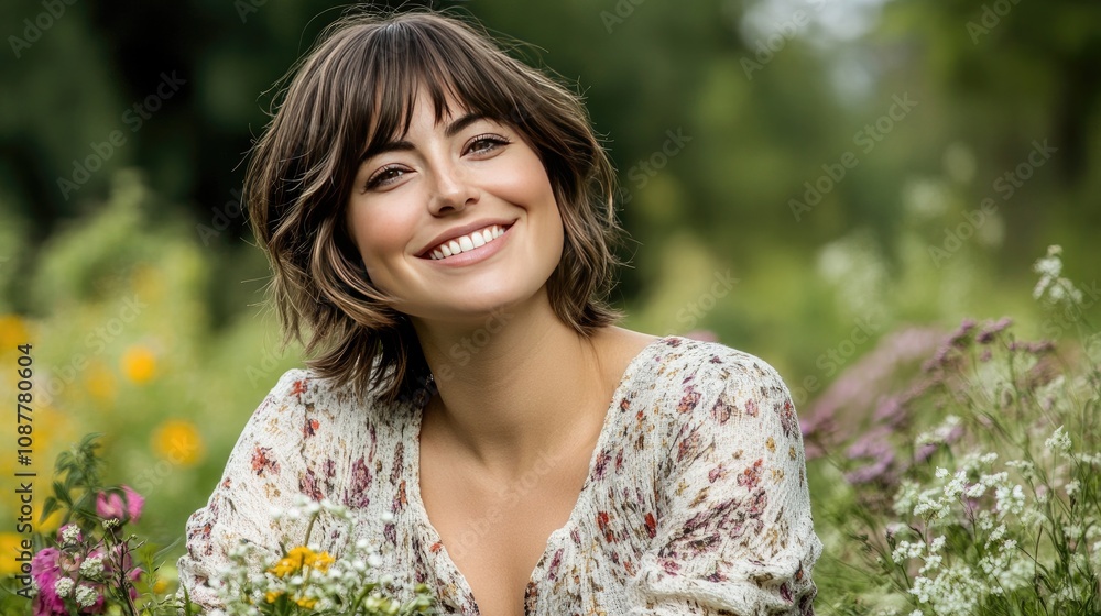 Woman Smiling in Floral Meadow: Joyful Outdoor Portrait in Nature Woman Smiling in Floral Meadow: Joyful Outdoor Portrait in Nature