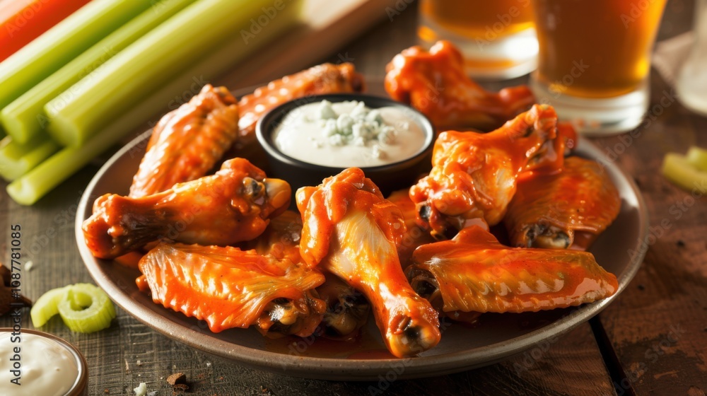 A plate of spicy buffalo wings with a side of blue cheese dressing, arranged on a wooden table A plate of spicy buffalo wings with a side of blue cheese dressing, arranged on a wooden table