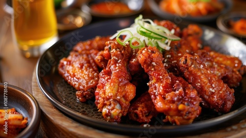 A plate of spicy Korean fried chicken wings with a crispy coating, served with pickled radish and gochujang dipping sauce