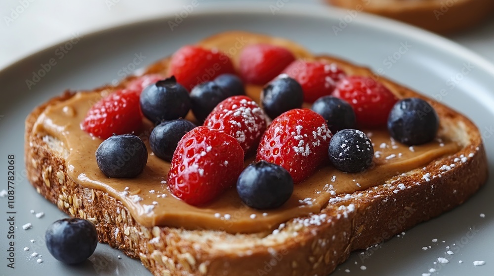 A slice of toast topped with peanut butter and fresh berries, served on a plate. A slice of toast topped with peanut butter and fresh berries, served on a plate.