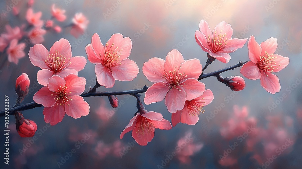 A vibrant branch of pink cherry blossoms in soft focus, evoking beauty and tranquility. A vibrant branch of pink cherry blossoms in soft focus, evoking beauty and tranquility.