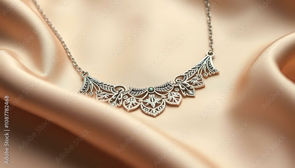 Delicate platinum necklace with intricate lace design on soft satin for luxurious jewelry presentation
Delicate platinum necklace with intricate lace design on soft satin for luxurious jewelry presentation