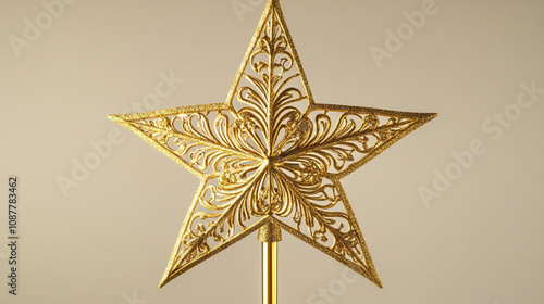 A golden star tree topper with intricate designs