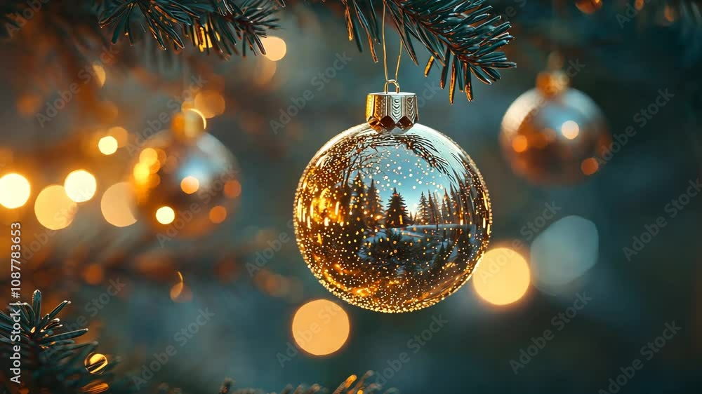 Close-up of delicate glass Christmas ornaments hanging on a fir tree branch, reflecting the soft glow of fairy lights. 4K Video