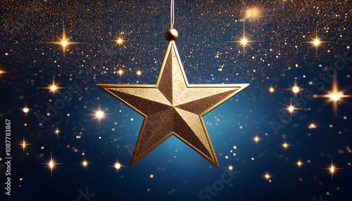 A golden star hangs in the air against a dark blue background decorated with tiny dots of light resembling stars in the sky