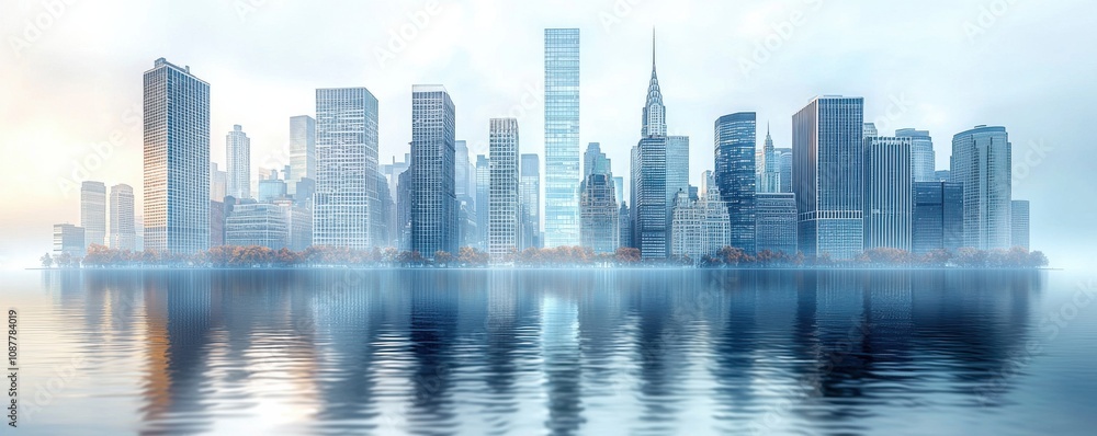 Fototapeta premium Modern city skyline reflection in a calm water surface