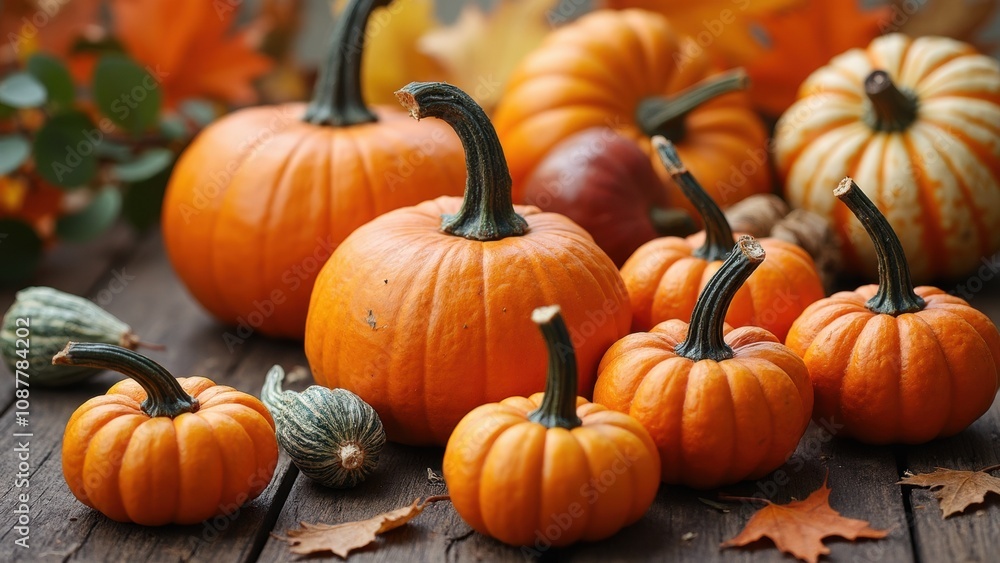 A collection of various sizes of bright orange pumpkins is displayed on a rustic wooden table, surrounded by colorful autumn leaves and gourds, capturing the essence of fall A collection of various sizes of bright orange pumpkins is displayed on a rustic wooden table, surrounded by colorful autumn leaves and gourds, capturing the essence of fall