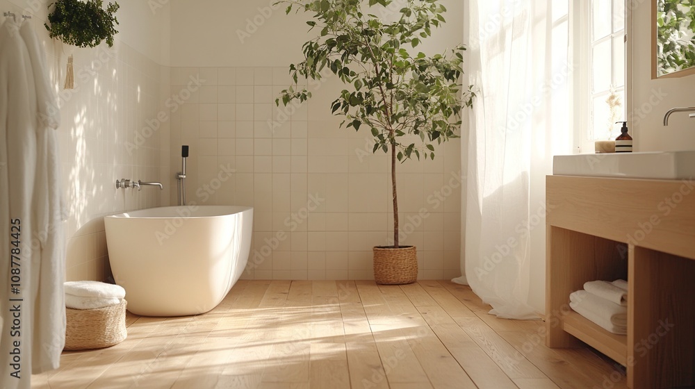 A serene bathroom with a freestanding tub, natural light, and a potted plant. A serene bathroom with a freestanding tub, natural light, and a potted plant.
