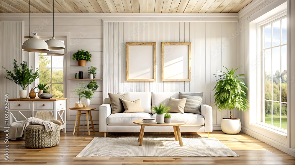 Mockup frame in Coastal boho interior background, 3d render, white Mock up frame Mockup frame in Coastal boho interior background, 3d render, white Mock up frame