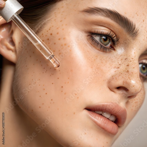 Close-up highly detailed shot of female skin with freckles and pipette with serum. Cropped shot of young woman with smooth perfect skin applying liquid serum on face. photo