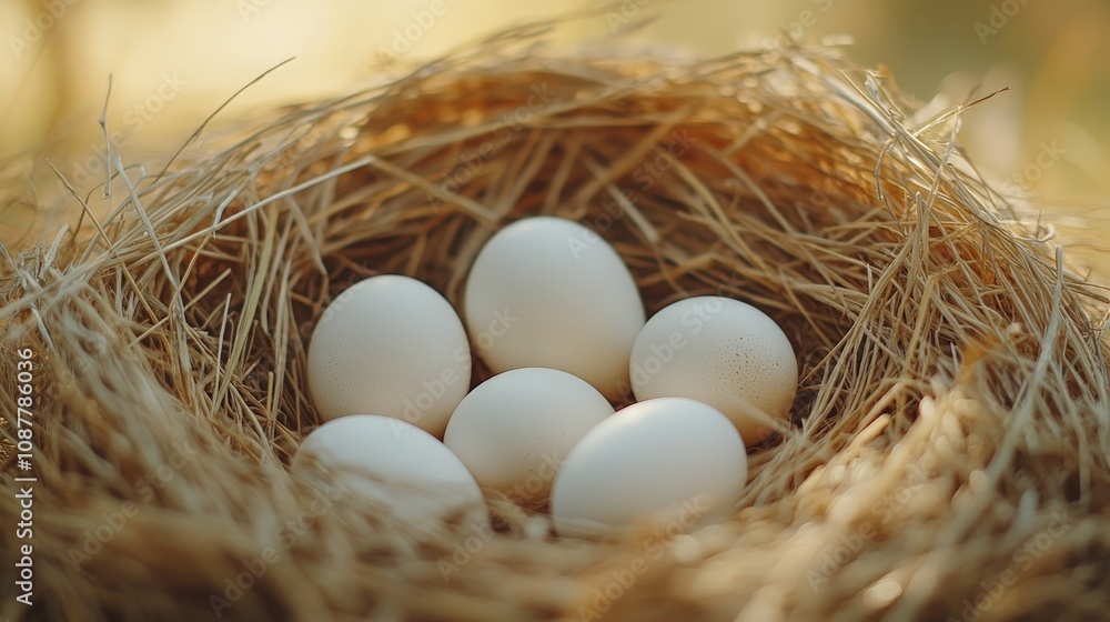 Fresh organic chicken eggs in straw nest with natural light Fresh organic chicken eggs in straw nest with natural light